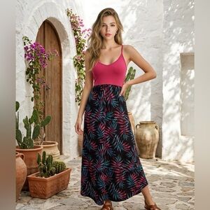 2 for $30 ✅Active Midi Dress with Fuchsia and Black Leaf Print